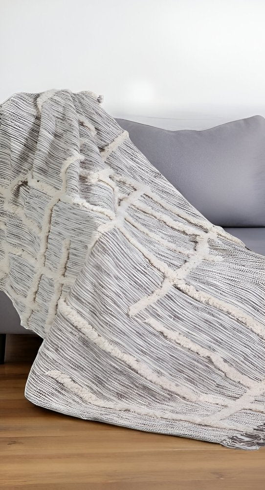 60" X 50" Gray Woven Cotton Striped Throw Blanket with Fringe HomeRoots