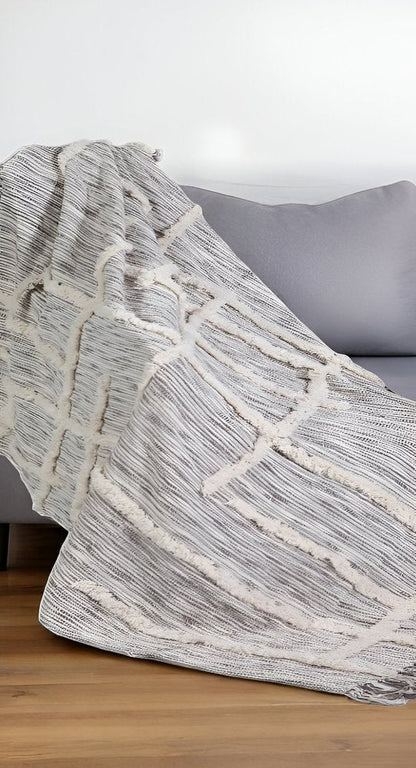 60" X 50" Gray Woven Cotton Striped Throw Blanket with Fringe HomeRoots