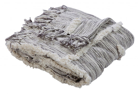 60" X 50" Gray Woven Cotton Striped Throw Blanket with Fringe HomeRoots