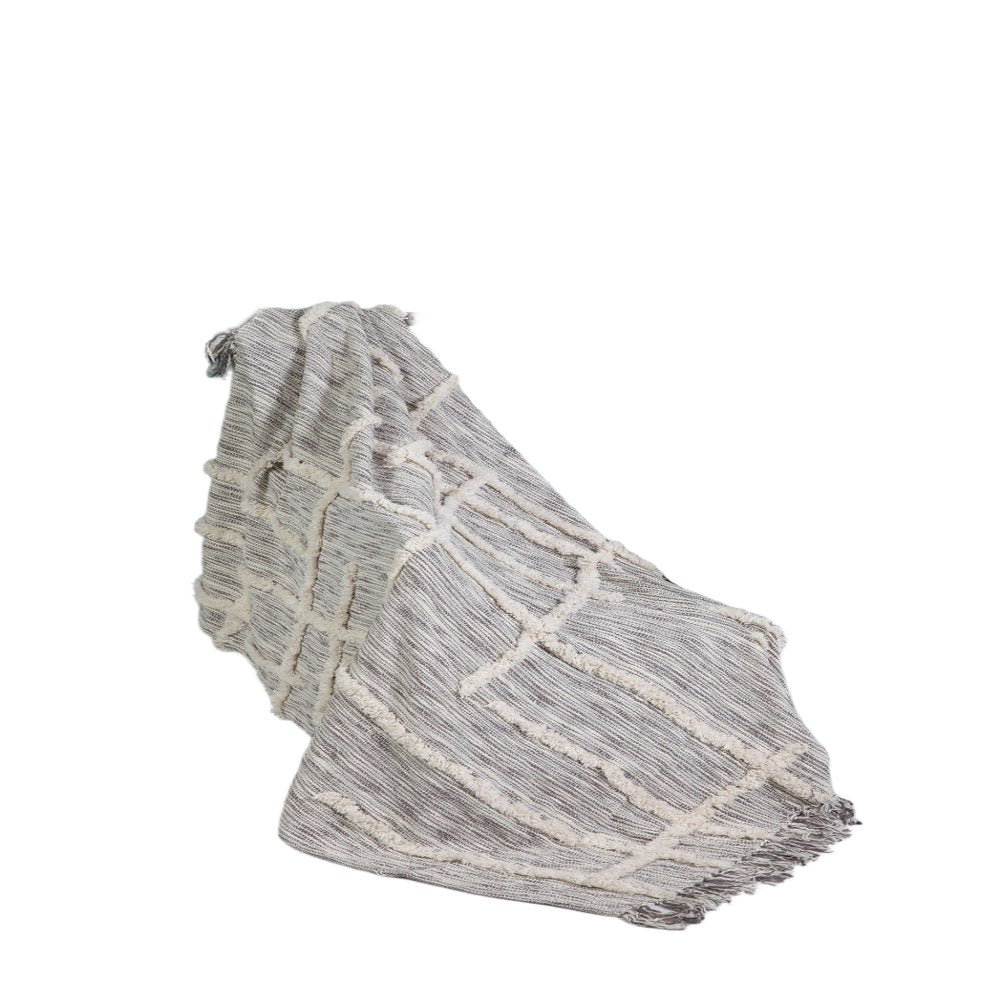 60" X 50" Gray Woven Cotton Striped Throw Blanket with Fringe HomeRoots