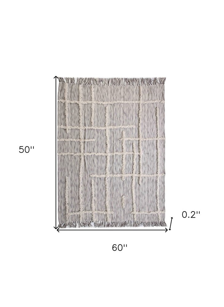 60" X 50" Gray Woven Cotton Striped Throw Blanket with Fringe HomeRoots