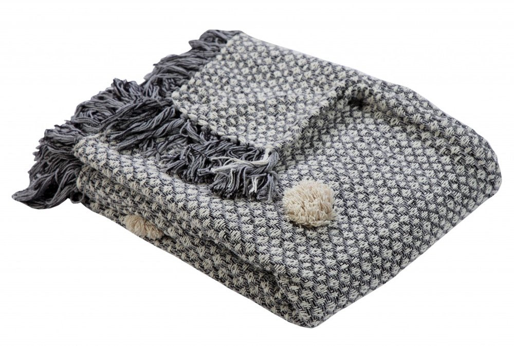 50" X 60" Gray Woven Cotton Houndstooth Throw Blanket with Pom Poms HomeRoots
