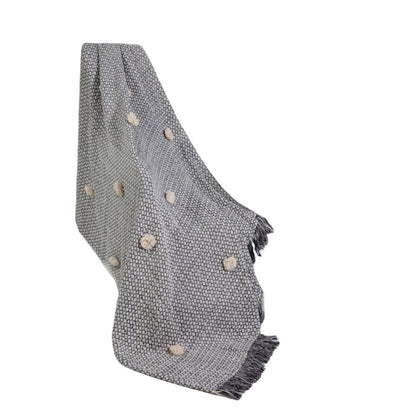 50" X 60" Gray Woven Cotton Houndstooth Throw Blanket with Pom Poms HomeRoots