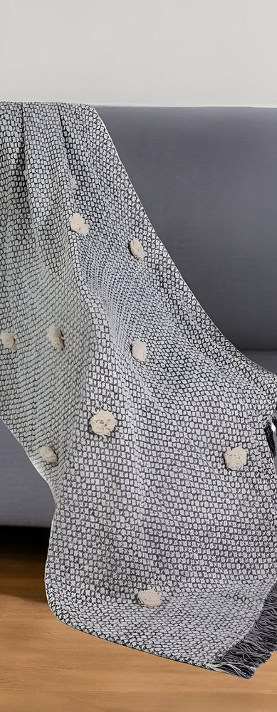 50" X 60" Gray Woven Cotton Houndstooth Throw Blanket with Pom Poms HomeRoots