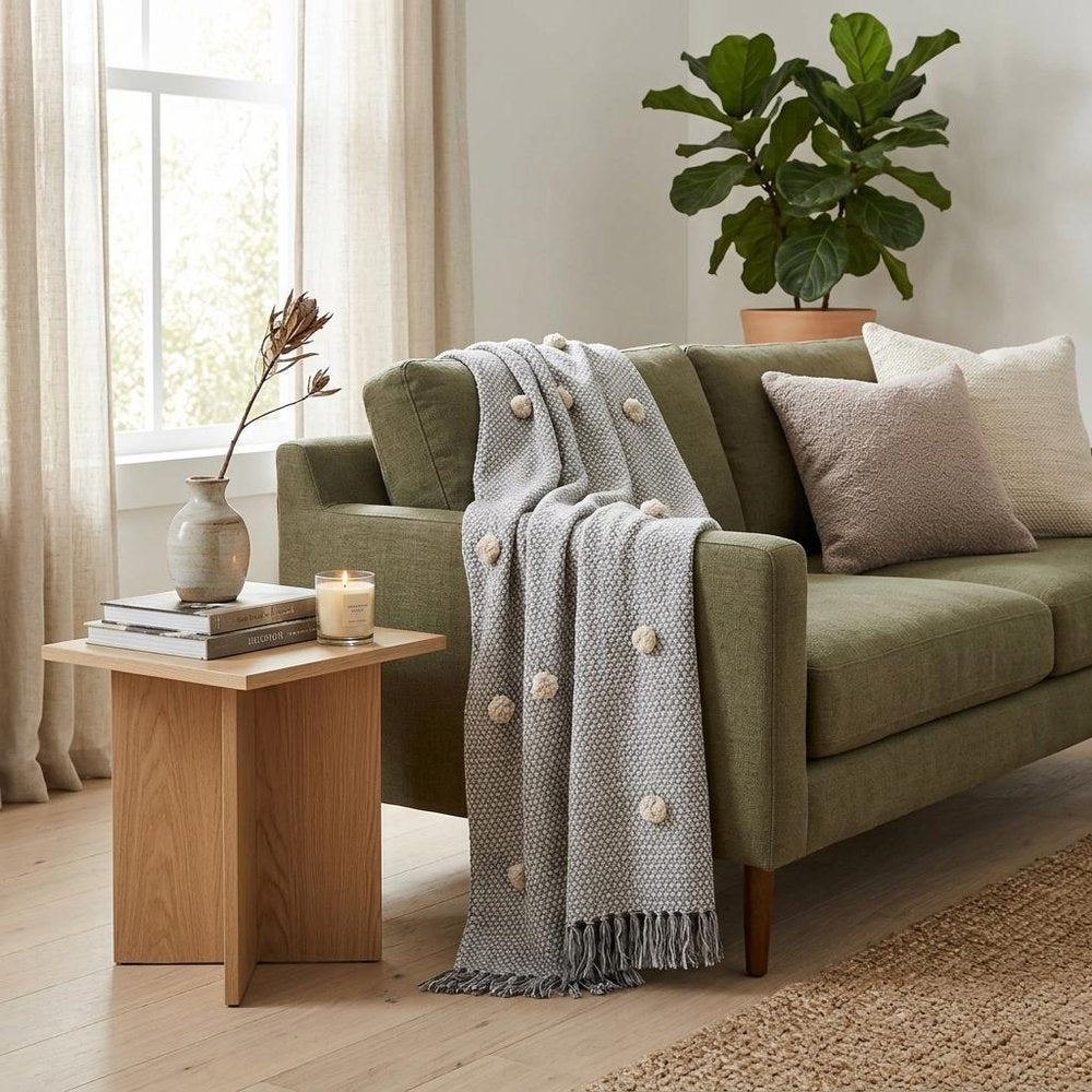 50" X 60" Gray Woven Cotton Houndstooth Throw Blanket with Pom Poms HomeRoots