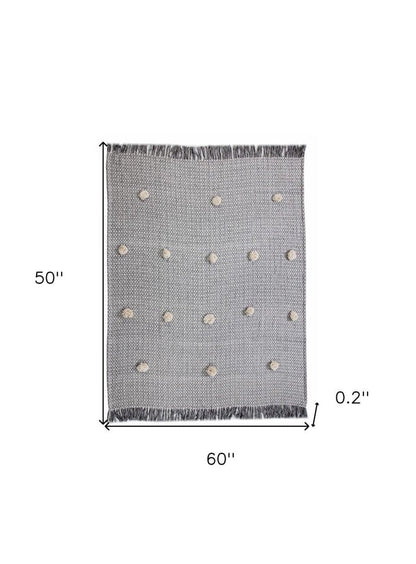 50" X 60" Gray Woven Cotton Houndstooth Throw Blanket with Pom Poms HomeRoots