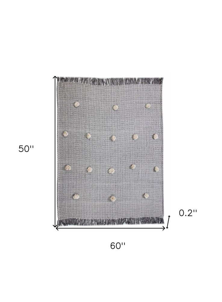 50" X 60" Gray Woven Cotton Houndstooth Throw Blanket with Pom Poms HomeRoots