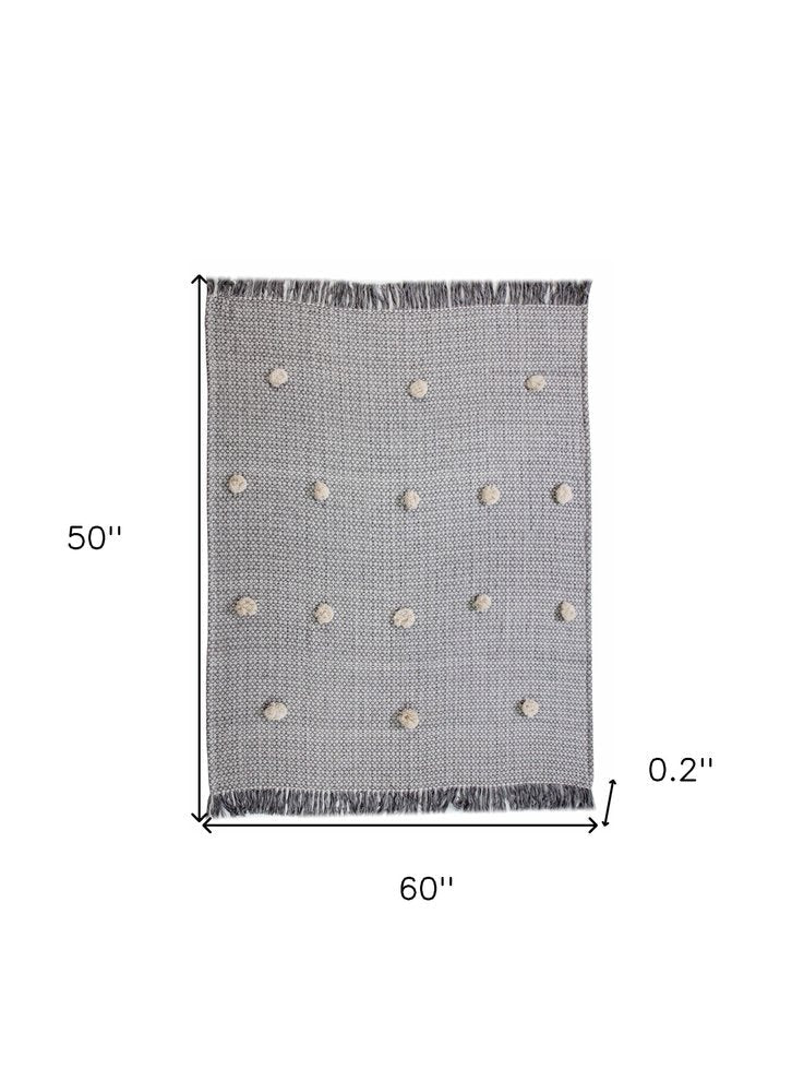 50" X 60" Gray Woven Cotton Houndstooth Throw Blanket with Pom Poms HomeRoots