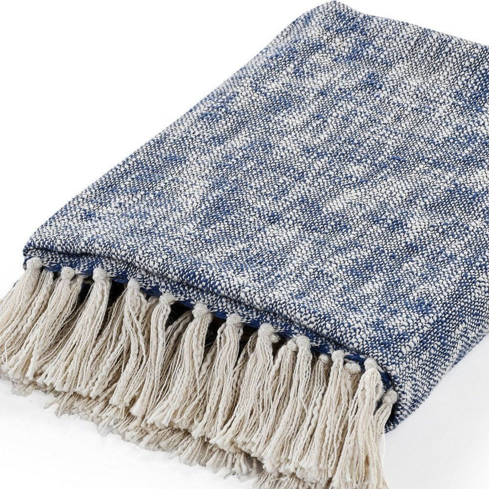 50" X 60" Blue and White Woven Cotton Throw Blanket with Fringe HomeRoots