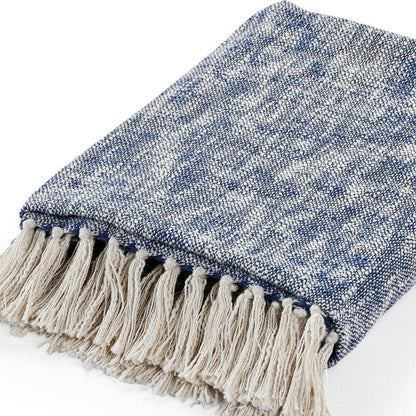 50" X 60" Blue and White Woven Cotton Throw Blanket with Fringe HomeRoots