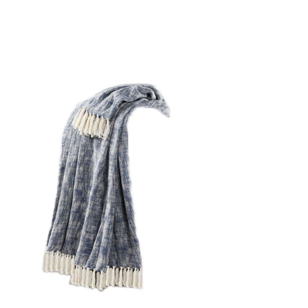 50" X 60" Blue and White Woven Cotton Throw Blanket with Fringe HomeRoots
