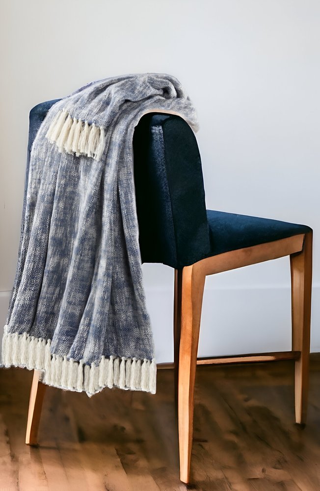 50" X 60" Blue and White Woven Cotton Throw Blanket with Fringe HomeRoots