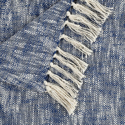 50" X 60" Blue and White Woven Cotton Throw Blanket with Fringe HomeRoots