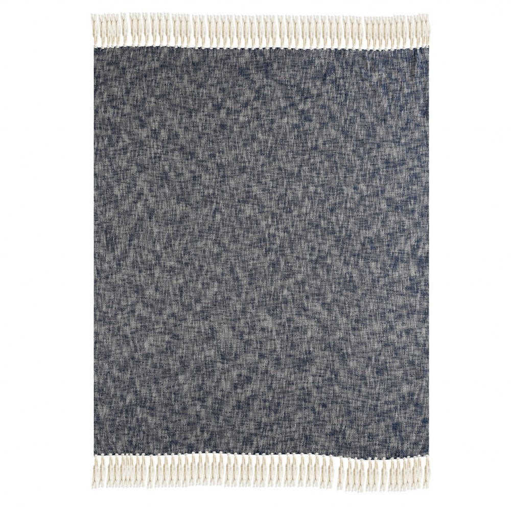 50" X 60" Blue and White Woven Cotton Throw Blanket with Fringe HomeRoots