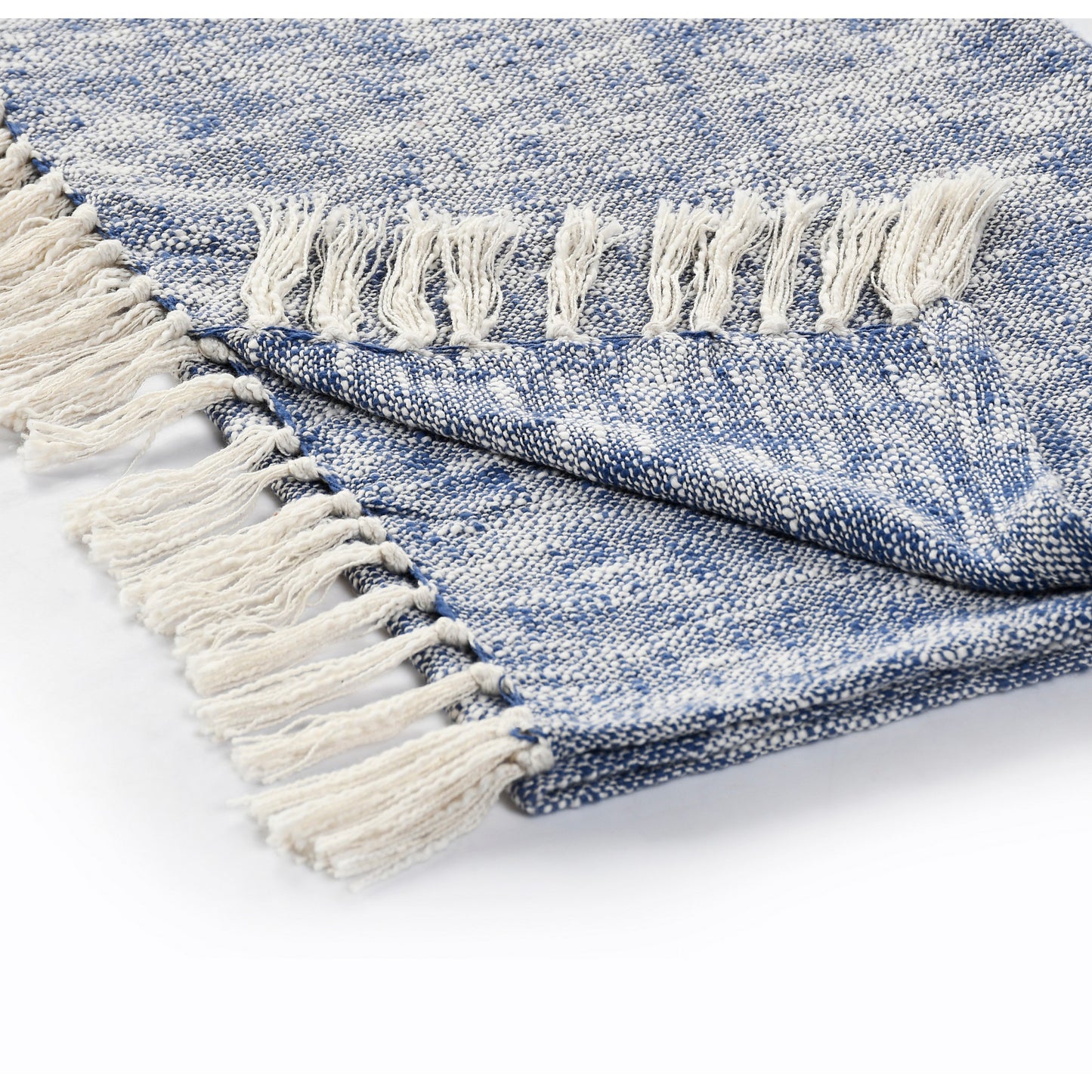 50" X 60" Blue and White Woven Cotton Throw Blanket with Fringe