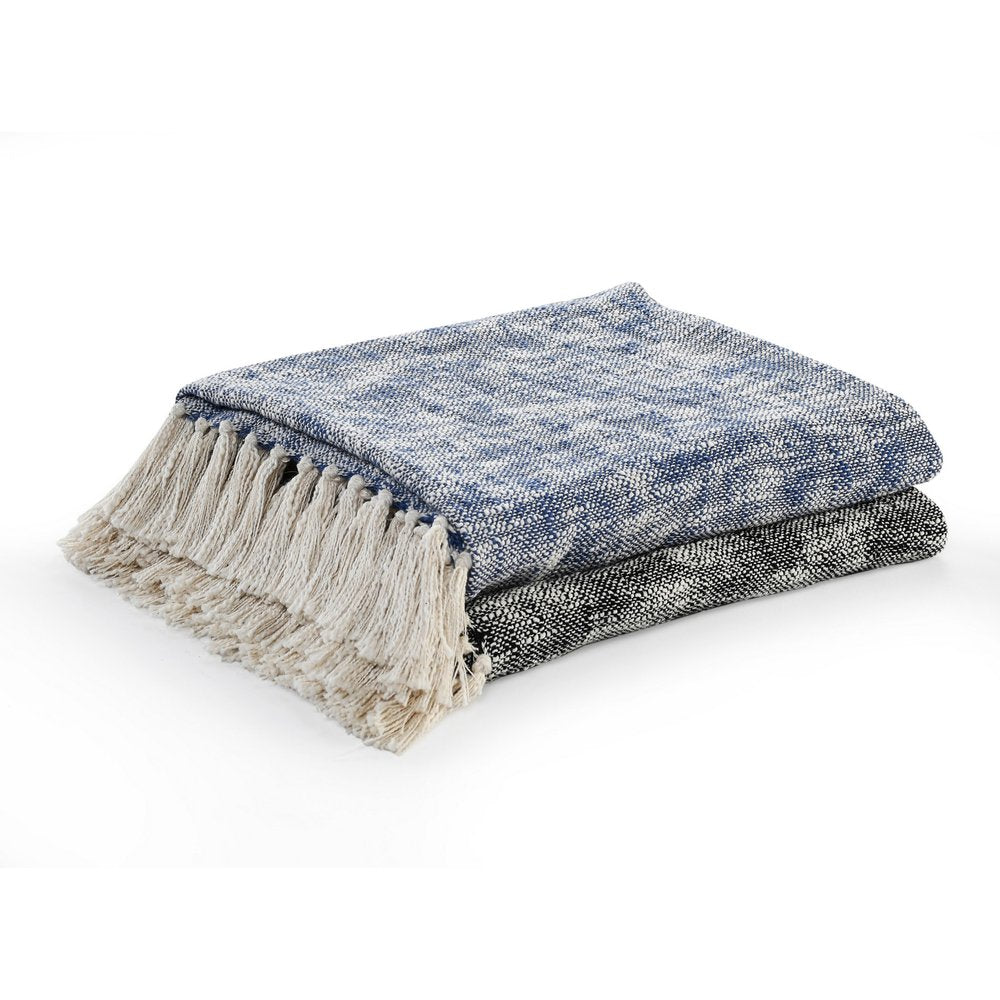 50" X 60" Black and White Woven Cotton Throw Blanket with Fringe HomeRoots