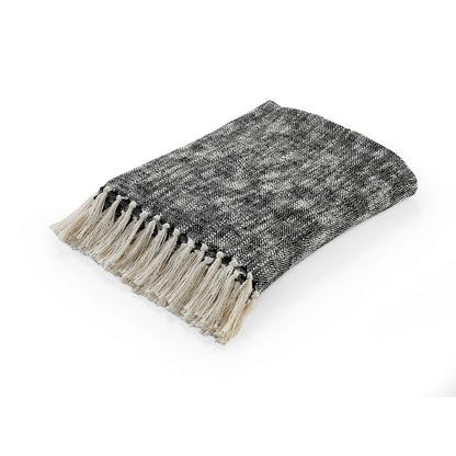 50" X 60" Black and White Woven Cotton Throw Blanket with Fringe HomeRoots
