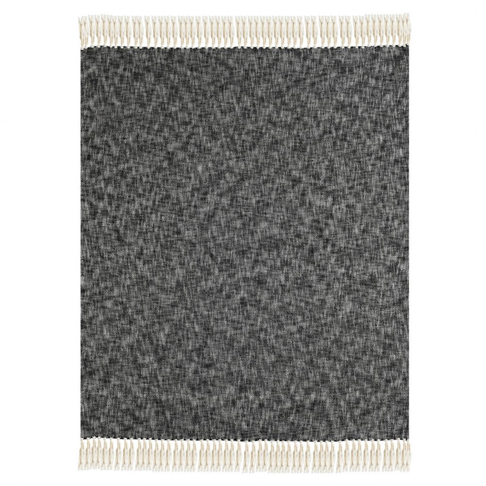 50" X 60" Black and White Woven Cotton Throw Blanket with Fringe HomeRoots