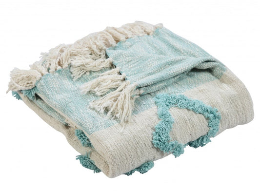 50" X 60" Aqua And Off White Cotton Woven Geometric Throw Blanket with Fringe HomeRoots