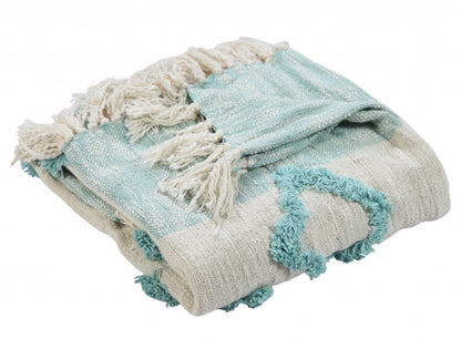 50" X 60" Aqua And Off White Cotton Woven Geometric Throw Blanket with Fringe HomeRoots