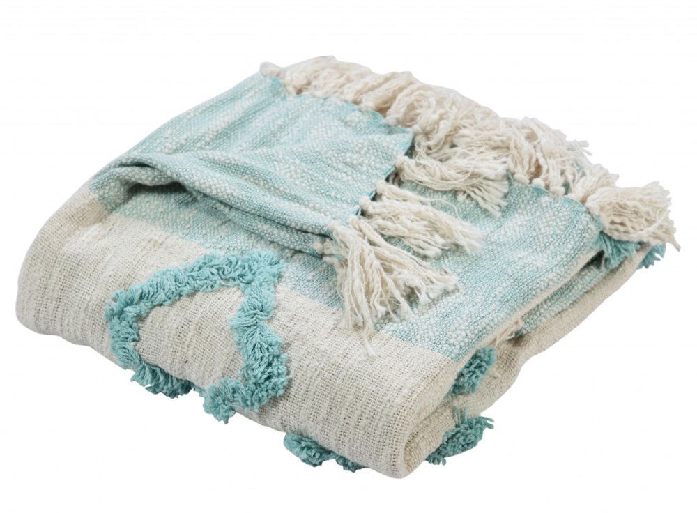 50" X 60" Aqua And Off White Cotton Woven Geometric Throw Blanket with Fringe HomeRoots