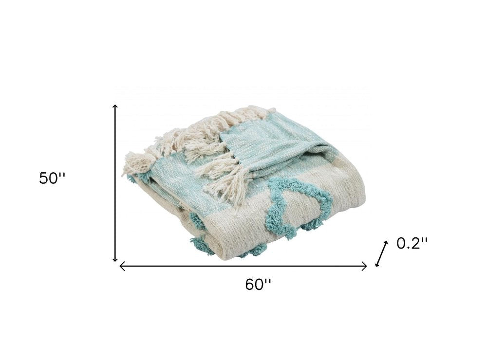 50" X 60" Aqua And Off White Cotton Woven Geometric Throw Blanket with Fringe HomeRoots