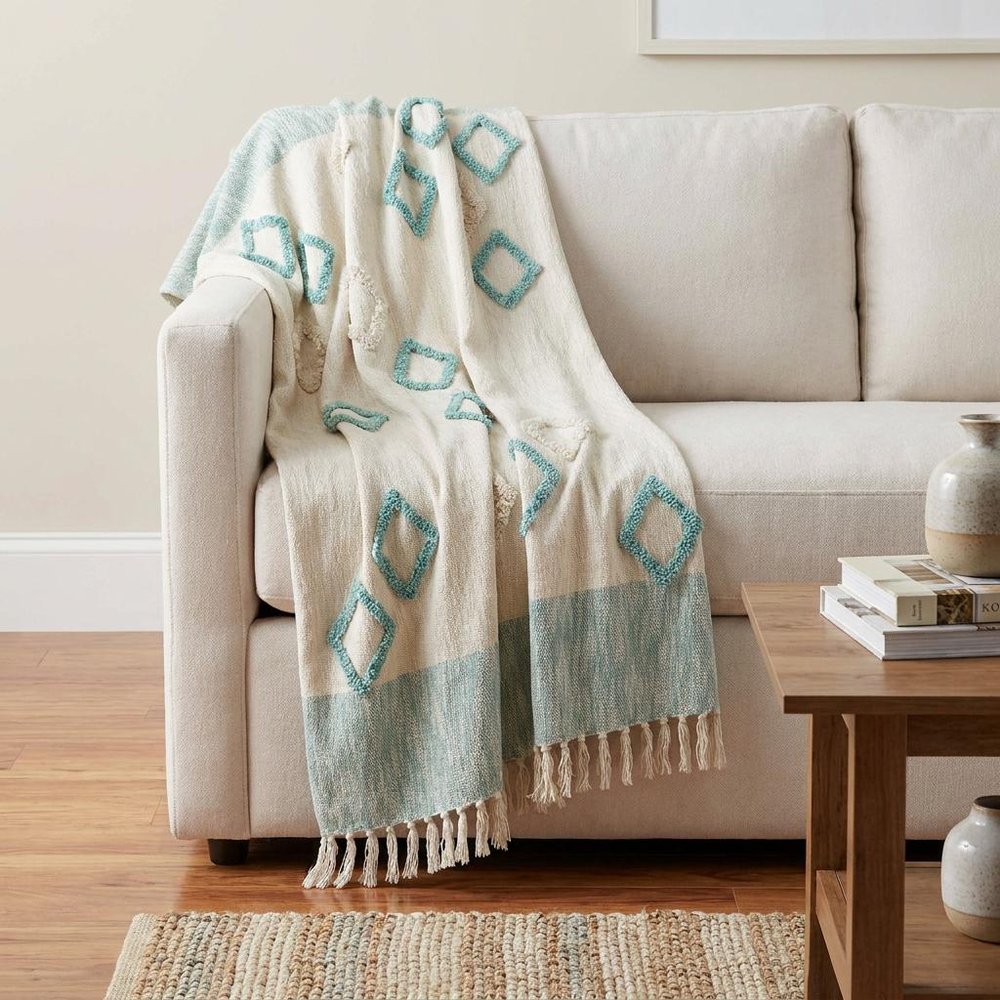 50" X 60" Aqua And Off White Cotton Woven Geometric Throw Blanket with Fringe HomeRoots