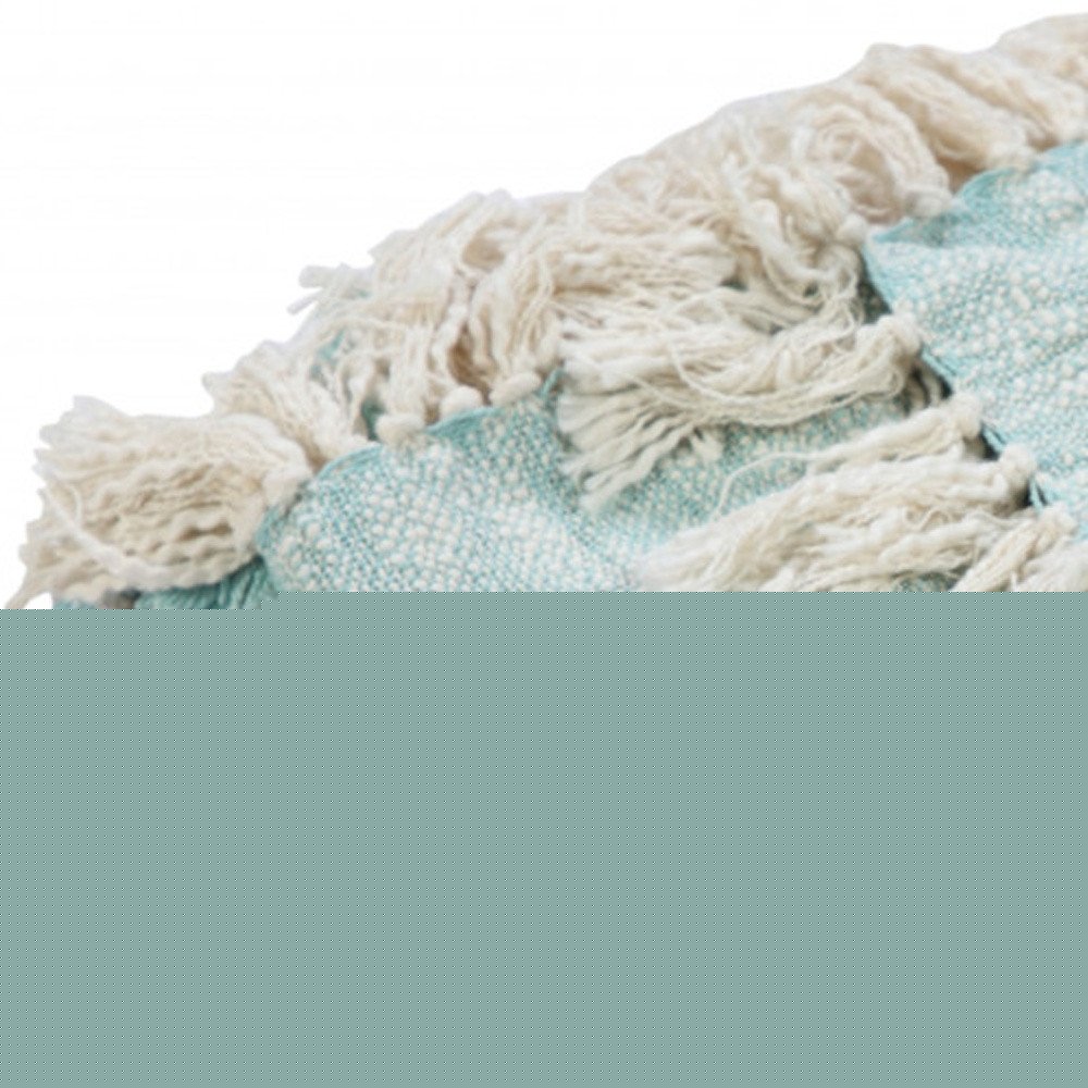 50" X 60" Aqua And Off White Cotton Woven Geometric Throw Blanket with Fringe HomeRoots