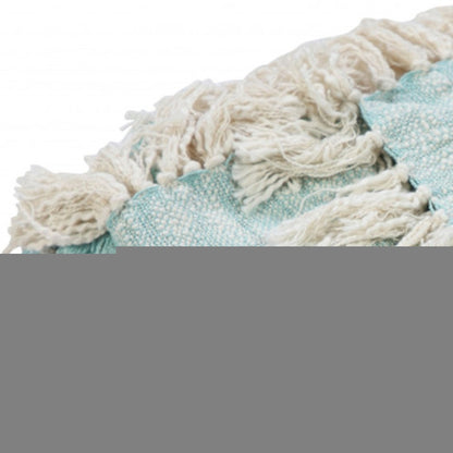 50" X 60" Aqua And Off White Cotton Woven Geometric Throw Blanket with Fringe HomeRoots