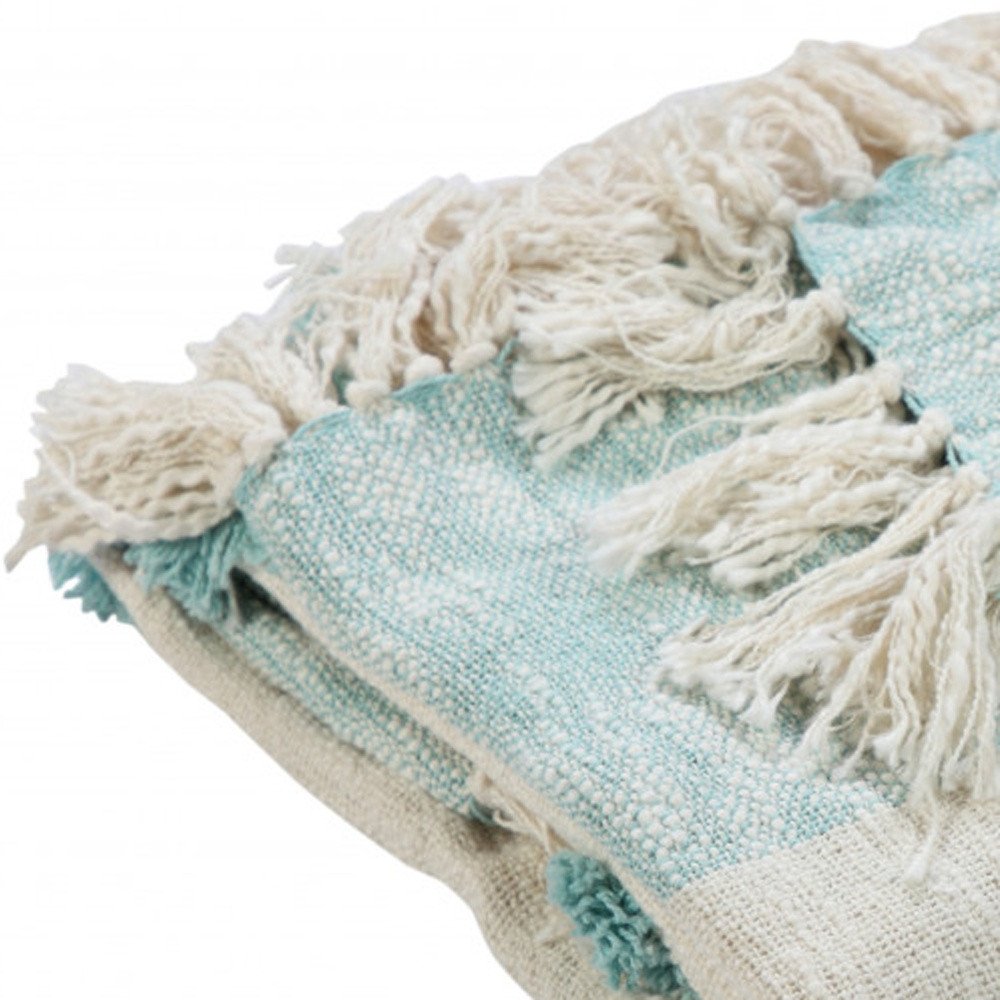 50" X 60" Aqua And Off White Cotton Woven Geometric Throw Blanket with Fringe HomeRoots