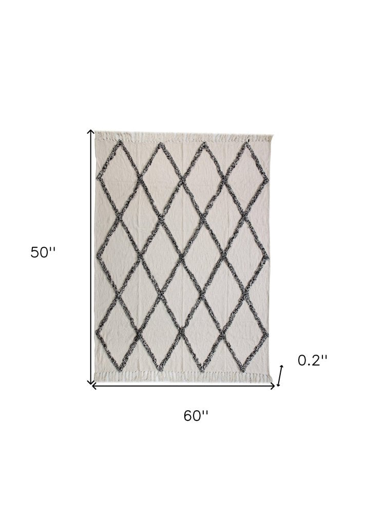 60" X 50" Cream Woven Cotton Geometric Throw Blanket with Fringe HomeRoots
