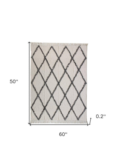 60" X 50" Cream Woven Cotton Geometric Throw Blanket with Fringe HomeRoots