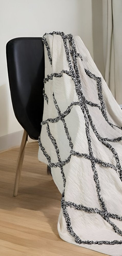 60" X 50" Cream Woven Cotton Geometric Throw Blanket with Fringe HomeRoots