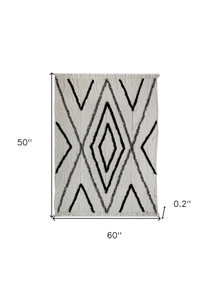 60" X 50" Cream Woven Cotton Geometric Throw Blanket with Fringe HomeRoots