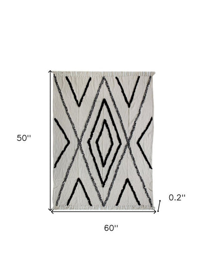 60" X 50" Cream Woven Cotton Geometric Throw Blanket with Fringe HomeRoots