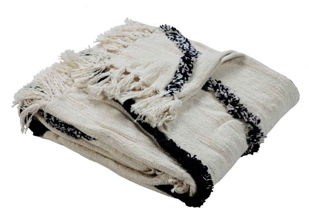 60" X 50" Cream Woven Cotton Geometric Throw Blanket with Fringe HomeRoots