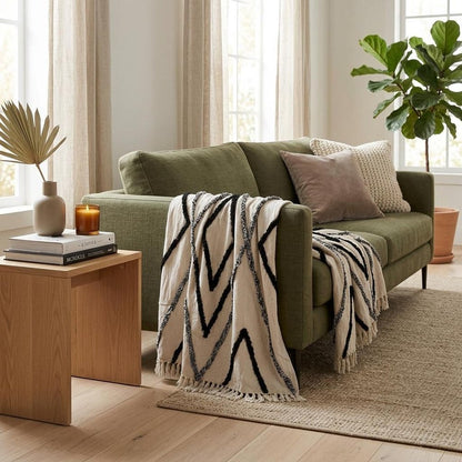 60" X 50" Cream Woven Cotton Geometric Throw Blanket with Fringe HomeRoots