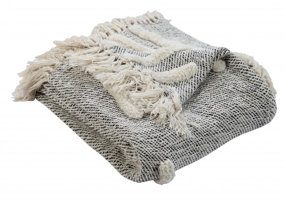 50" X 60" Black and Gray Woven Cotton Geometric Throw Blanket with Fringe HomeRoots