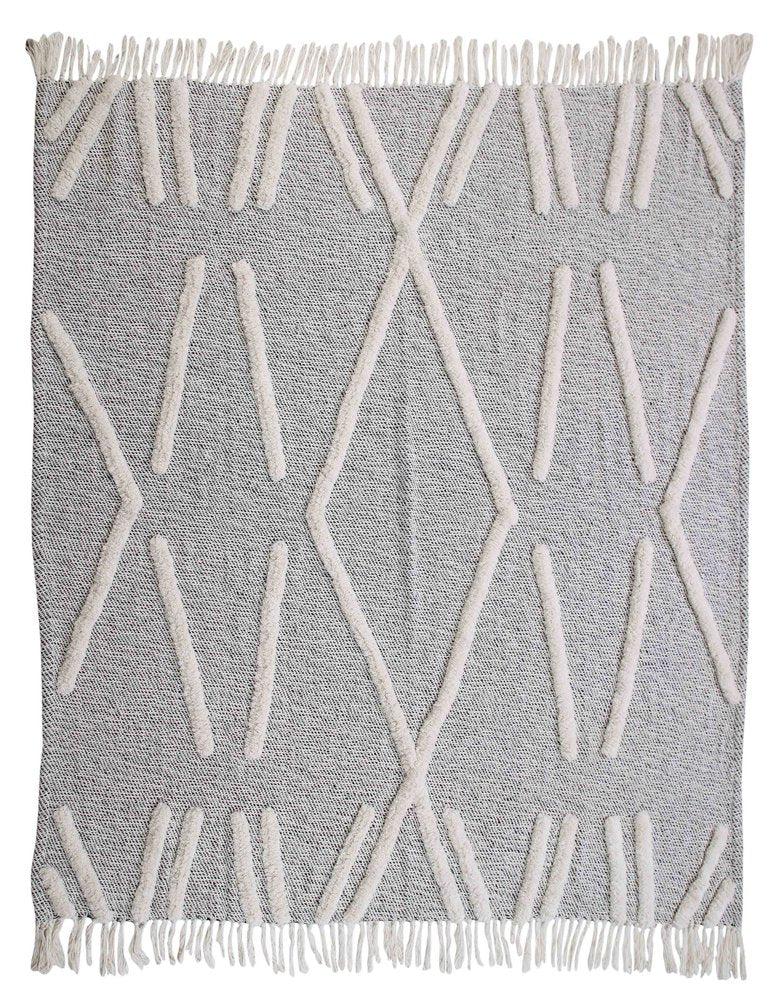 50" X 60" Black and Gray Woven Cotton Geometric Throw Blanket with Fringe HomeRoots
