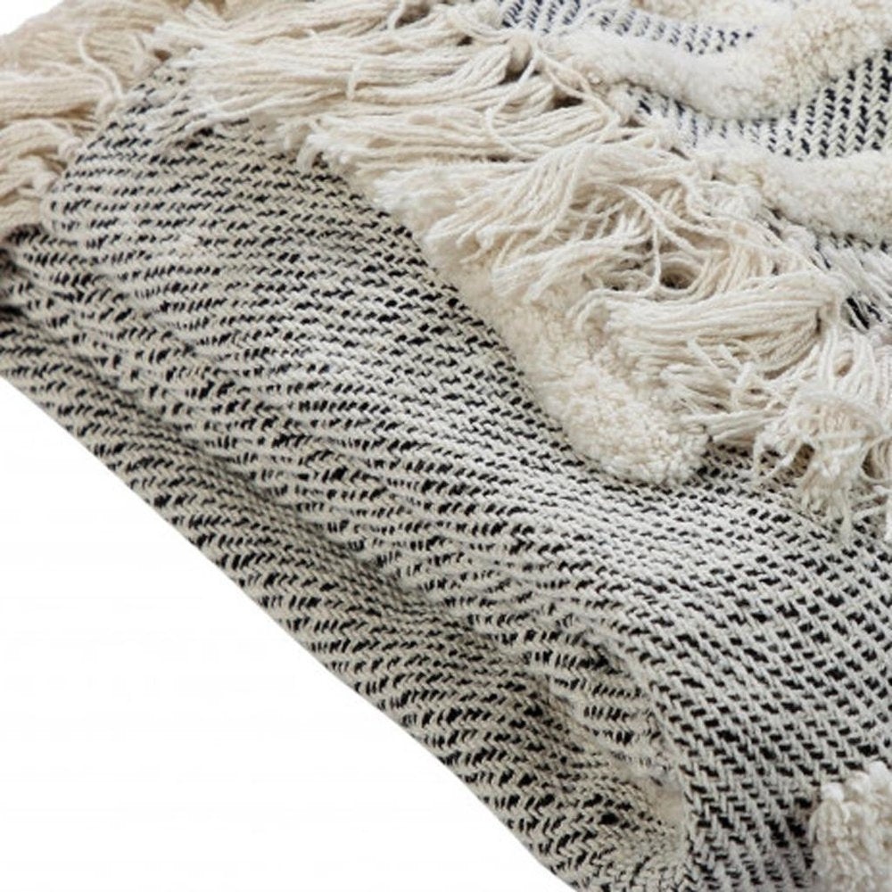 50" X 60" Black and Gray Woven Cotton Geometric Throw Blanket with Fringe HomeRoots
