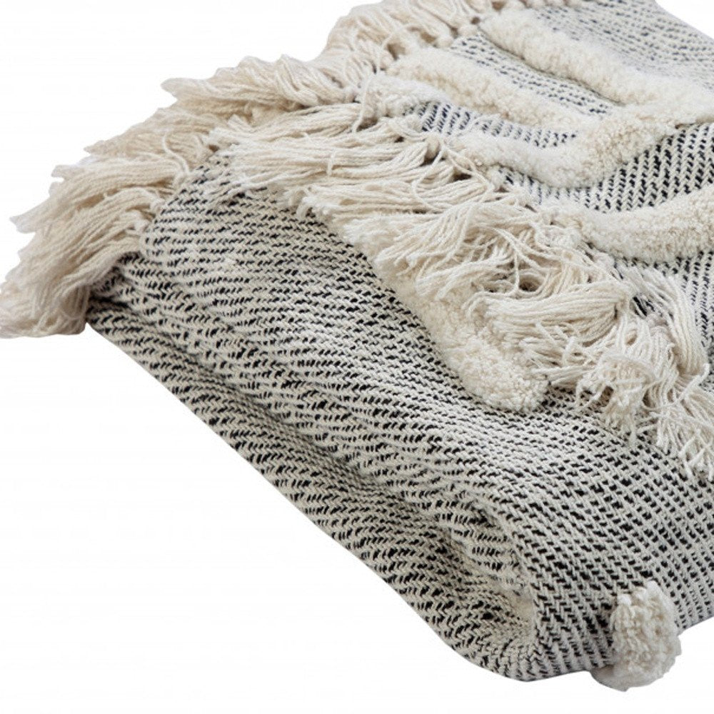 50" X 60" Black and Gray Woven Cotton Geometric Throw Blanket with Fringe HomeRoots