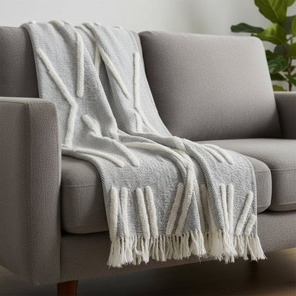 50" X 60" Black and Gray Woven Cotton Geometric Throw Blanket with Fringe HomeRoots