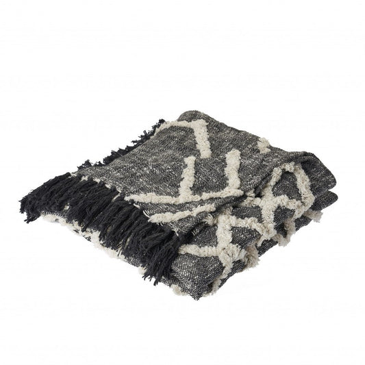 60" X 50" Black and Gray Woven Cotton Geometric Throw Blanket with Fringe HomeRoots