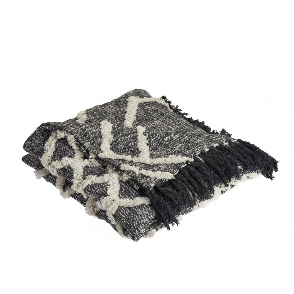 60" X 50" Black and Gray Woven Cotton Geometric Throw Blanket with Fringe HomeRoots