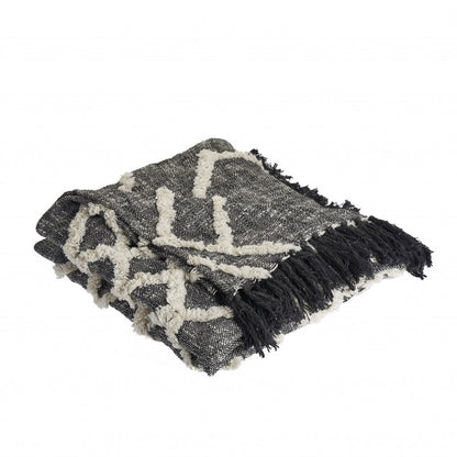 60" X 50" Black and Gray Woven Cotton Geometric Throw Blanket with Fringe HomeRoots
