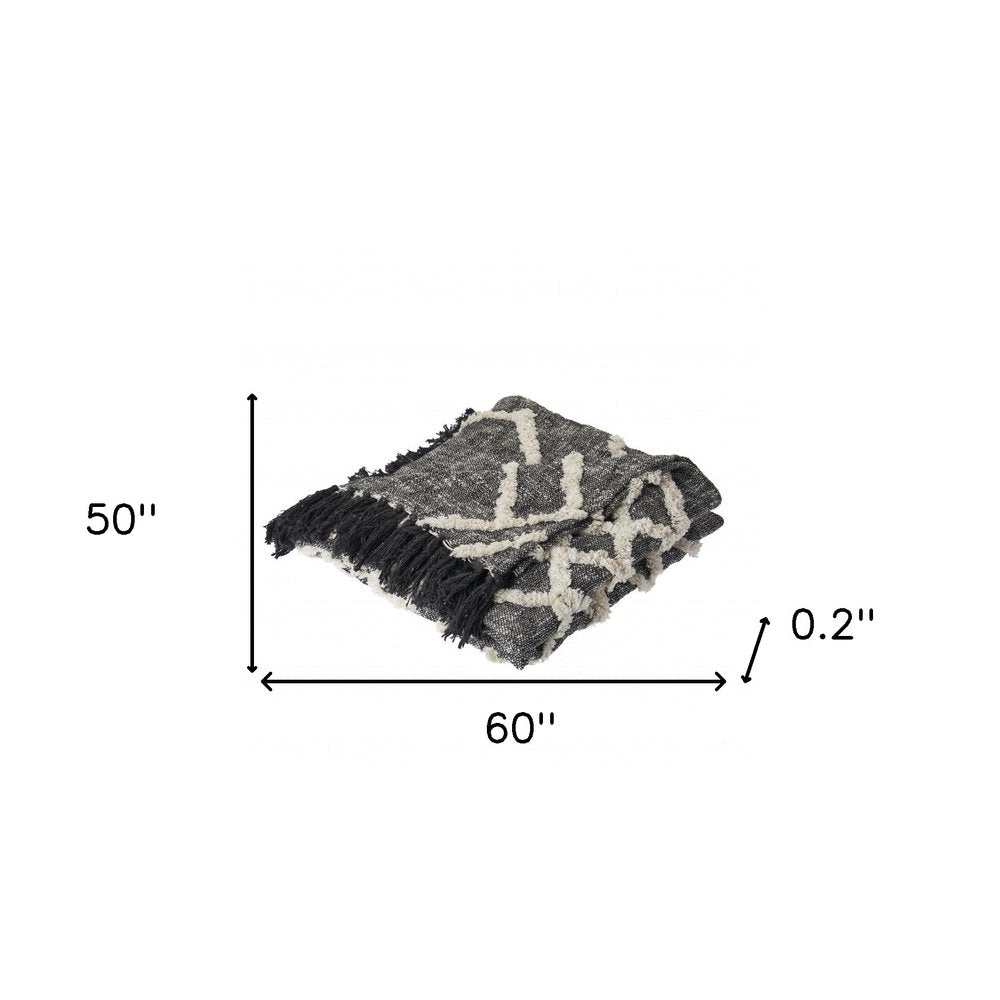60" X 50" Black and Gray Woven Cotton Geometric Throw Blanket with Fringe HomeRoots