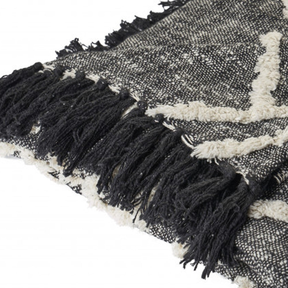 60" X 50" Black and Gray Woven Cotton Geometric Throw Blanket with Fringe