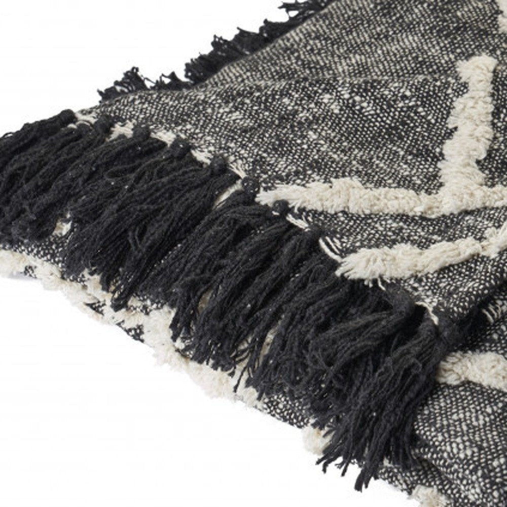 60" X 50" Black and Gray Woven Cotton Geometric Throw Blanket with Fringe HomeRoots