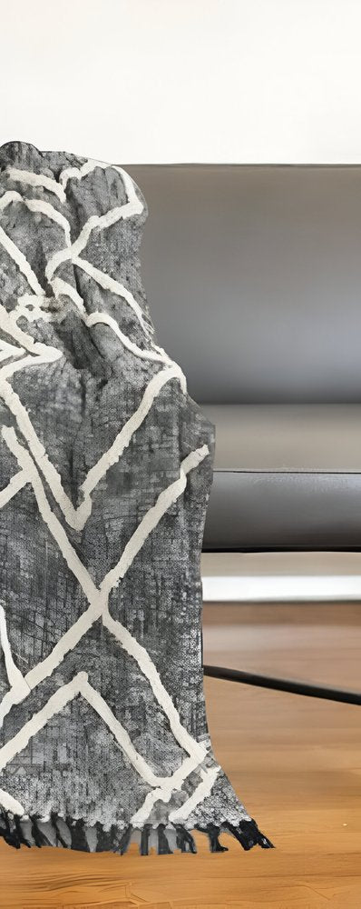60" X 50" Black and Gray Woven Cotton Geometric Throw Blanket with Fringe HomeRoots