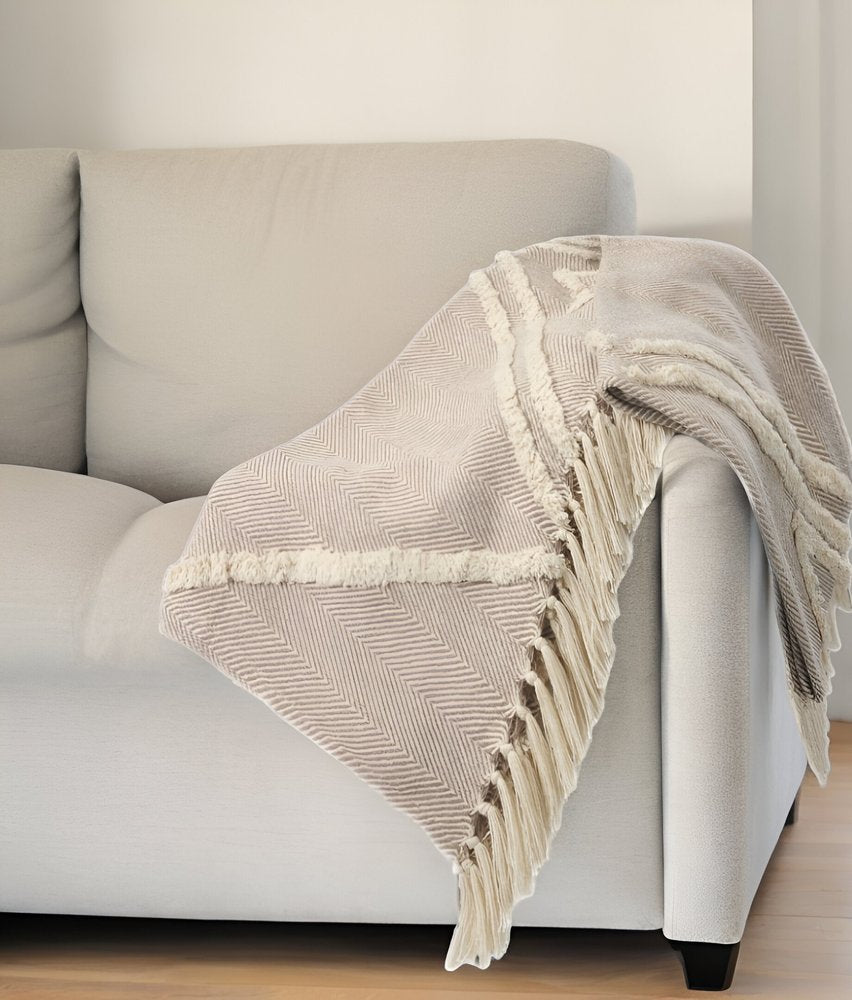 60" X 50" Cream Woven Cotton Herringbone Throw Blanket with Fringe HomeRoots